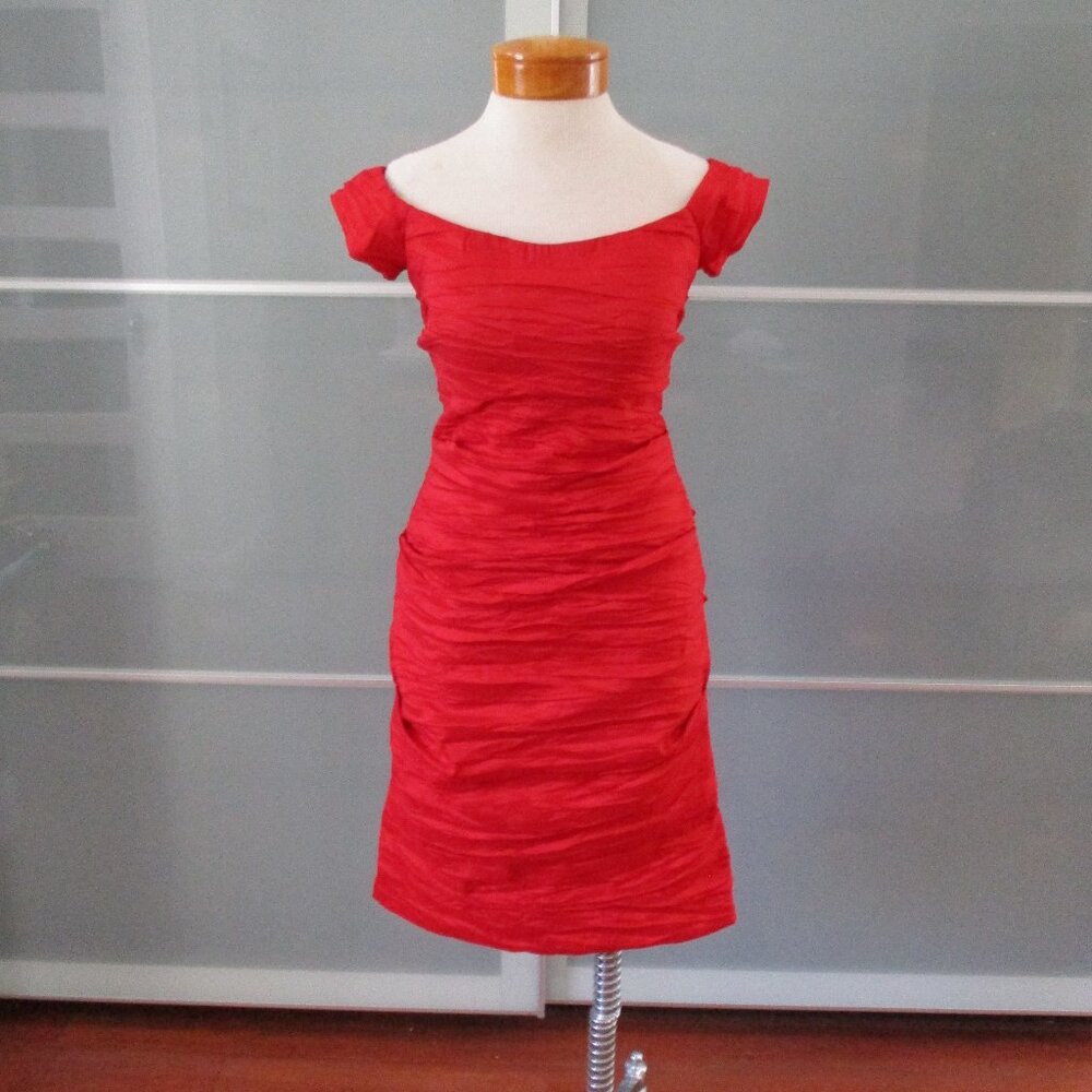 Alex Evenings Cap Sleeve Red Gathered & Ruched Cocktail Dress